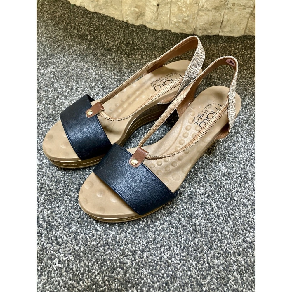 Malu Brazil Super Comfort Size 6 Navy/Brown Wedge Heel Shoes Sandals Women's